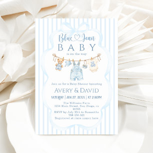 Blå Jean Baby Shower Pojke Modern Randig Inbjudningar