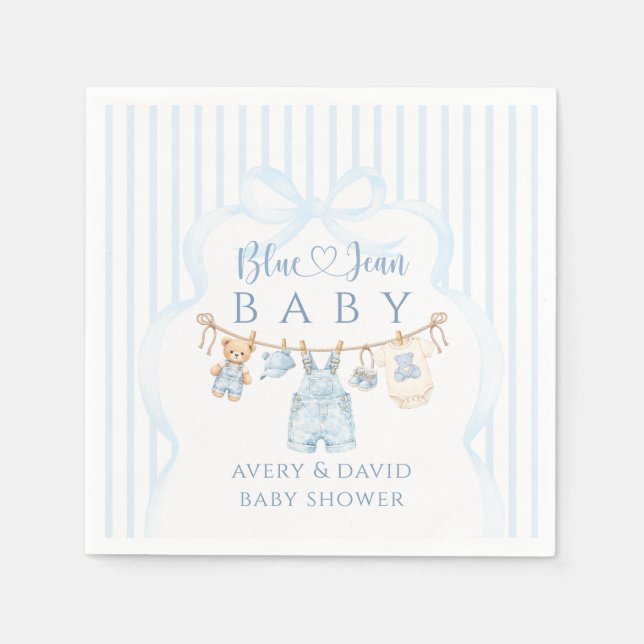 Blå Jean Baby Shower Pojke Modern Randig Pappersservett (Framsidan)