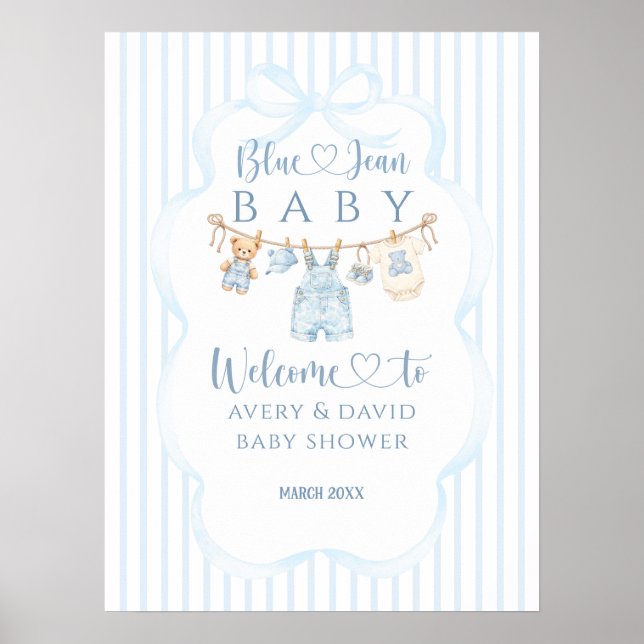 Blå Jean Baby Shower Pojke Modern Randig Poster (Framsidan)