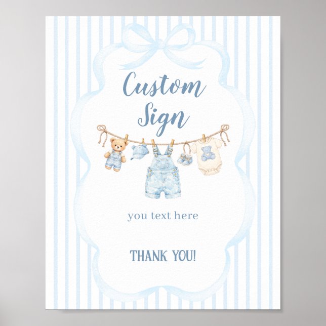 Blå Jean Baby Shower Pojke Modern Randig Poster (Framsidan)