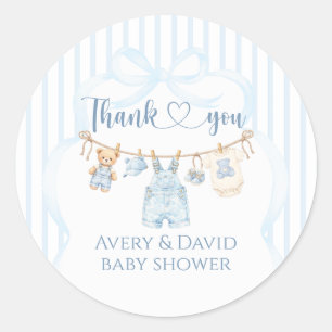 Blå Jean Baby Shower Pojke Modern Randig Runt Klistermärke