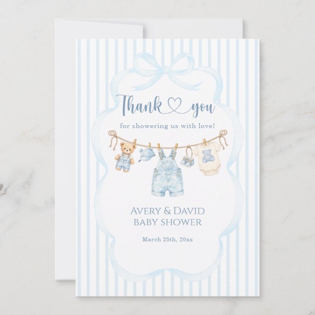 Blå Jean Baby Shower Pojke Modern Randig Tack Kort (Framsida)
