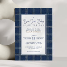 Blå Jean Baby Shower Snygg Rutig Skrift