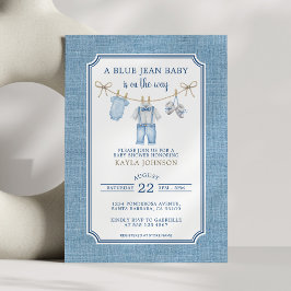 Blå Jean Baby Shower Vattenfärg Klädtorklina Inbjudningar