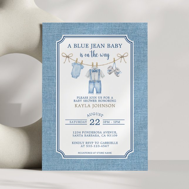 Blå Jean Baby Shower Vattenfärg Klädtorklina Inbjudningar (Skapare uppladdad)