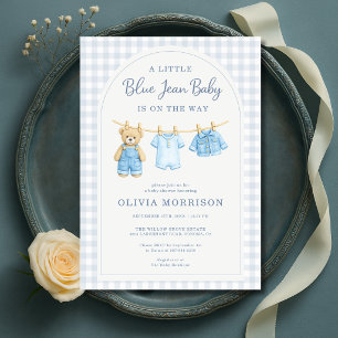 Blå Jean Baby Teddybjörn Bebis Shower Inbjudningar
