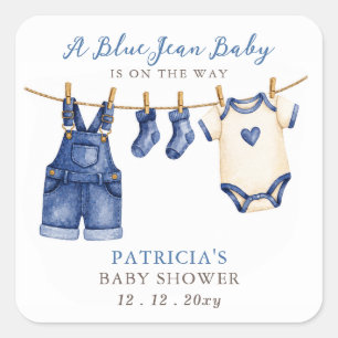 Blå Jean Bebis Är På Väg Pojke Baby Shower Fyrkantigt Klistermärke