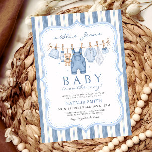 Blå Jean Bebis Denim Klädstreck Babyfirande Inbjudningar