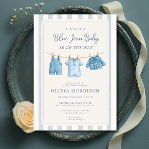 Blå Jean Bebis Pojke Ränder Baby Shower Inbjudningar