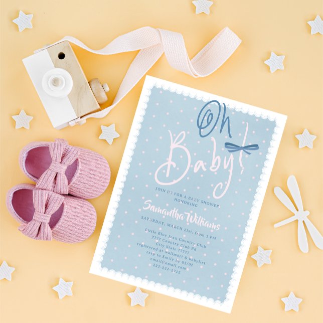 Blå Jean Bebis Rosa Prickar Denim Flicka Barnkalas Inbjudningar (Blue Jean Oh Baby Pink Polka Dots Denim Coquette Bow Western Country Girl Baby Shower Invitation)