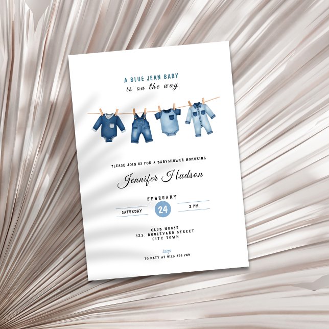 Blå Jean Bebis Shower Inbjudan - Denim Tema (A blue jean baby shower invitation)