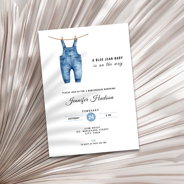 Blå Jean Bebis Shower Inbjudan - Denim Tema (A blue jean baby shower invitation)