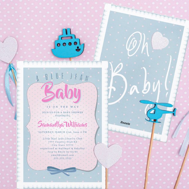 Blå Jean Bebis Söt Rosa Denim Flicka Barnkalas Inbjudningar (Blue Jean Oh Baby! Cute Pink Denim Blue Western Country Girl Baby Shower Invitation)