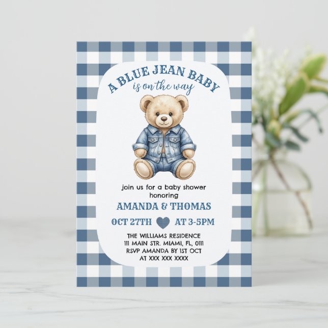 Blå Jean Björn Bebis Shower Inbjudan (Stående Fram)