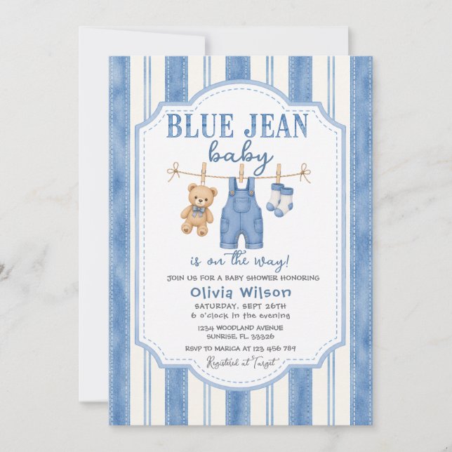 Blå Jean Denim Baby Shower Inbjudan (Framsida)