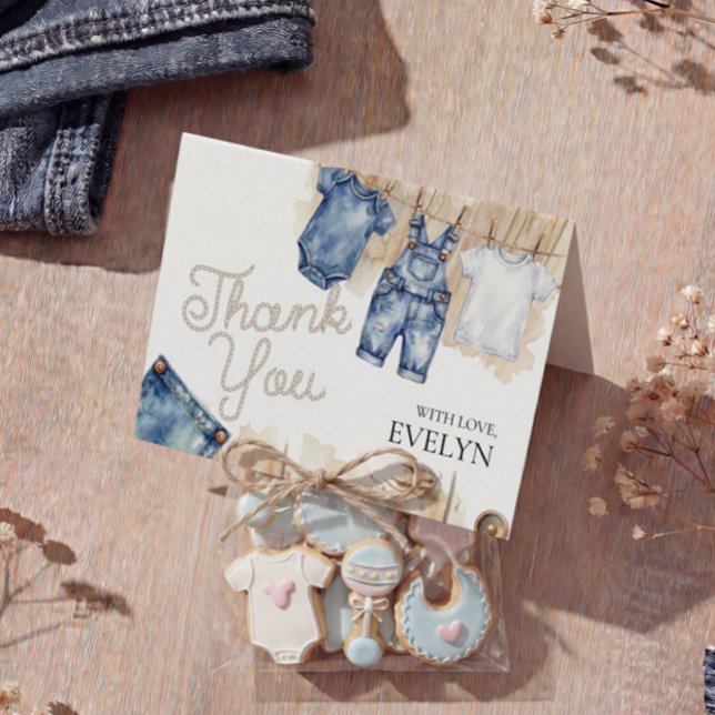 Blå Jean Denim Baby Shower  Tack Kort (Skapare uppladdad)
