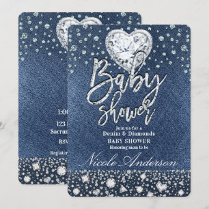Blå Jean Denim & Bling Diamonds Baby Shower Inbjudningar