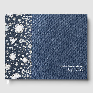 Blå Jean Denim & Diamanter Bling Diamant Bröllop Gästböcker
