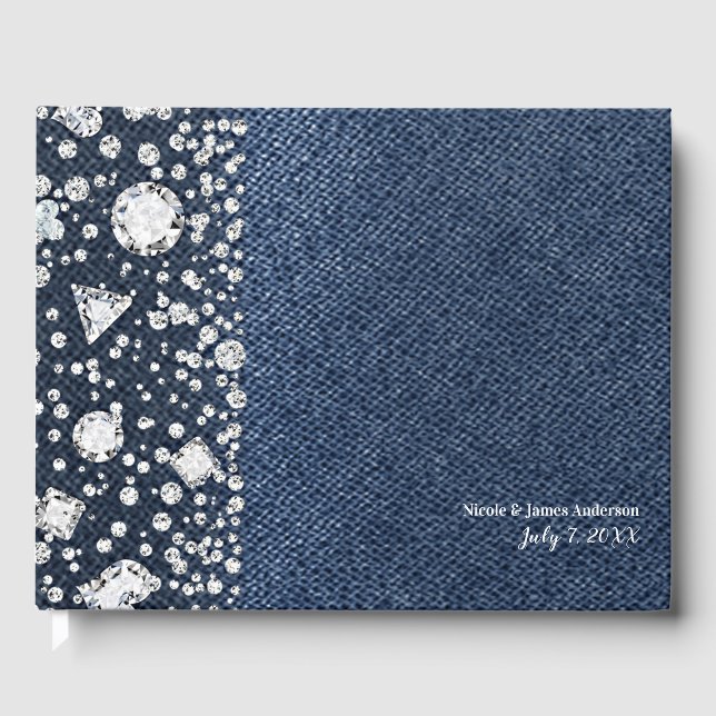 Blå Jean Denim & Diamanter Bling Diamant Bröllop Gästböcker (Framsida)