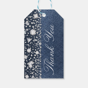 Blå Jean Denim & Diamanter Bling Diamant Glam Presentetikett