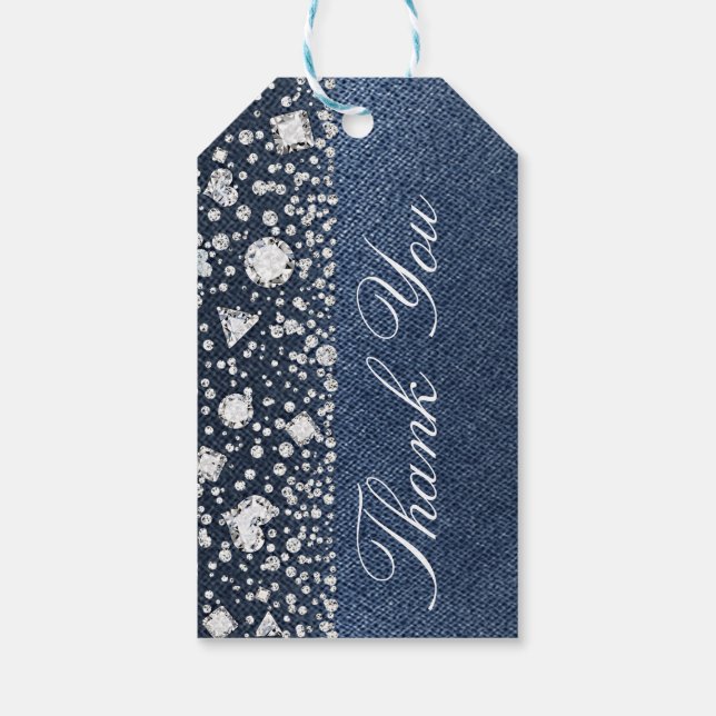 Blå Jean Denim & Diamanter Bling Diamant Glamour Presentetikett (Baksidan)