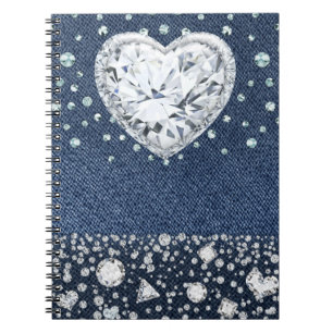 Blå Jean Denim & Diamanter Bling Diamant Hjarta Anteckningsbok