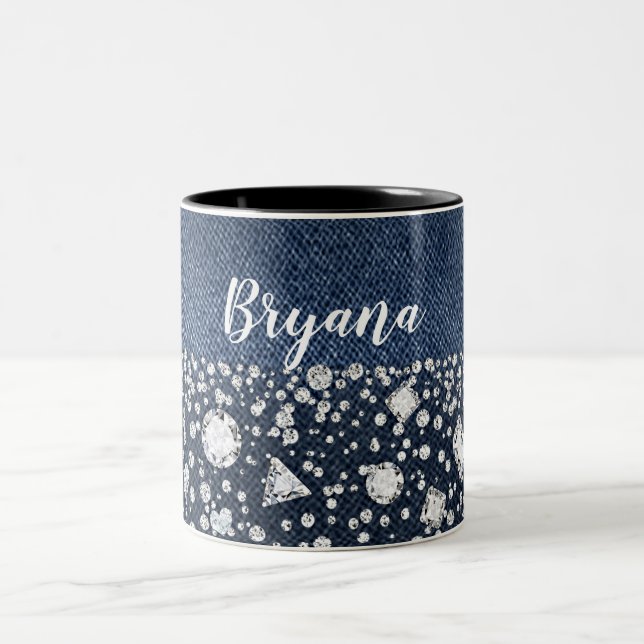 Blå Jean Denim & Diamanter Bling Diamant Hjarta Två-Tonad Mugg (Center)