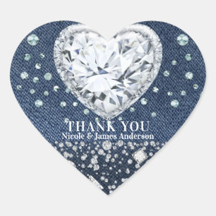 Blå Jean Denim & Diamanter Bling Diamant Hjärtan Hjärtformat Klistermärke