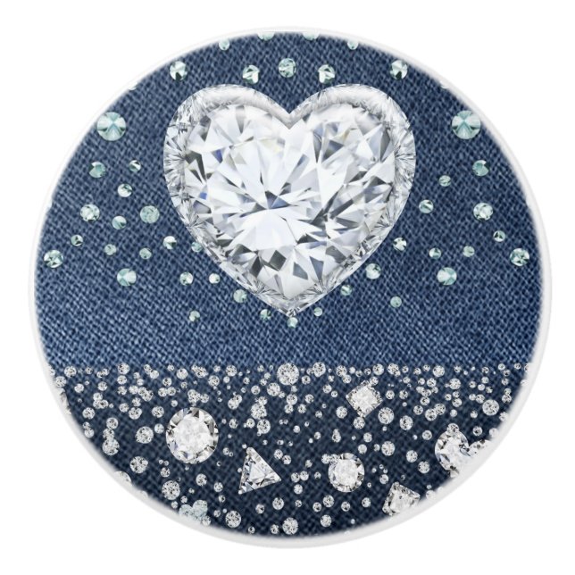 Blå Jean Denim & Diamanter Bling Diamant Hjärtan Knopp (Framsidan)