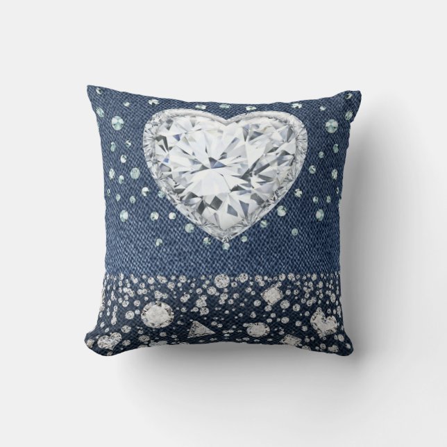 Blå Jean Denim & Diamanter Bling Diamant Hjärtan Kudde (Framsida)
