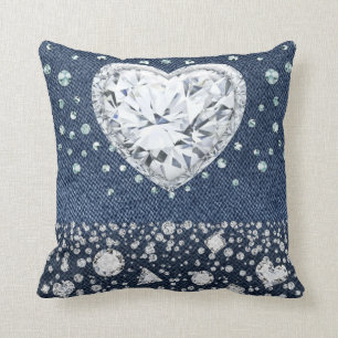 Blå Jean Denim & Diamanter Bling Diamant Hjärtan Kudde