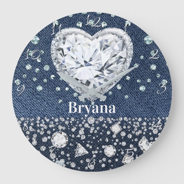 Blå Jean Denim & Diamanter Bling Diamant Hjärtan Stor Klocka (Framsida)