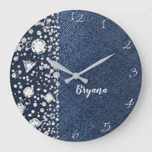 Blå Jean Denim & Diamanter Bling Diamant Hjärtan Stor Klocka