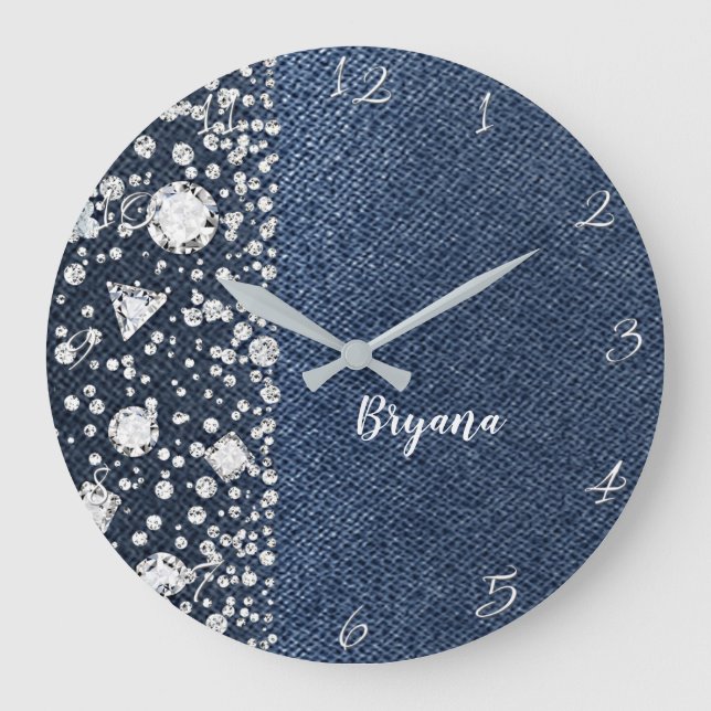 Blå Jean Denim & Diamanter Bling Diamant Hjärtan Stor Klocka (Framsida)