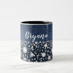 Blå Jean Denim & Diamanter Bling Diamant Hjärtan Två-Tonad Mugg