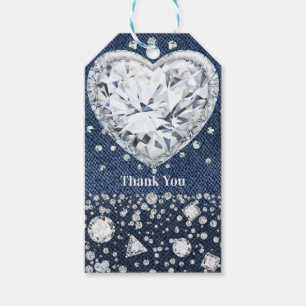 Blå Jean Denim & Diamanter Bling Diamant Hjärtat Presentetikett
