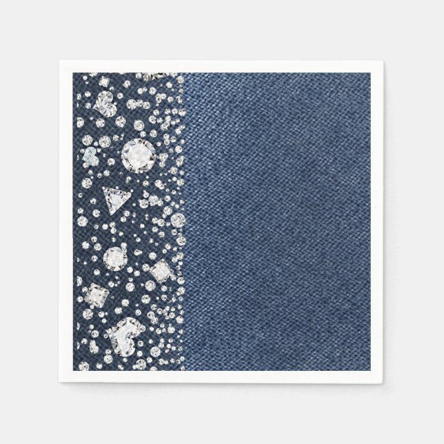 Blå Jean Denim & Diamonds Bling Diamantfest Pappersservett (Framsidan)