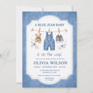Blå Jean Denim Klädstreck Babyfirande Inbjudan