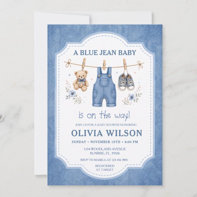 Blå Jean Denim Klädstreck Babyfirande Inbjudan (Framsida)