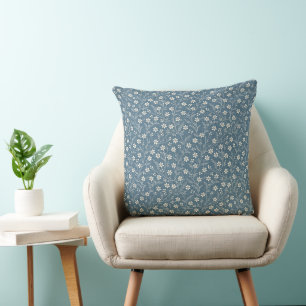 Blå Jean Denim och Vita Blommiga Rankor Kudde
