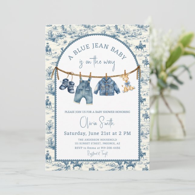 Blå Jean Denim Pojke Baby Shower Inbjudningar (Stående Fram)