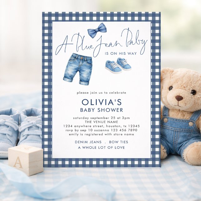 Blå Jean Denim Pojke Gingham Babyfirande  Inbjudningar (Skapare uppladdad)