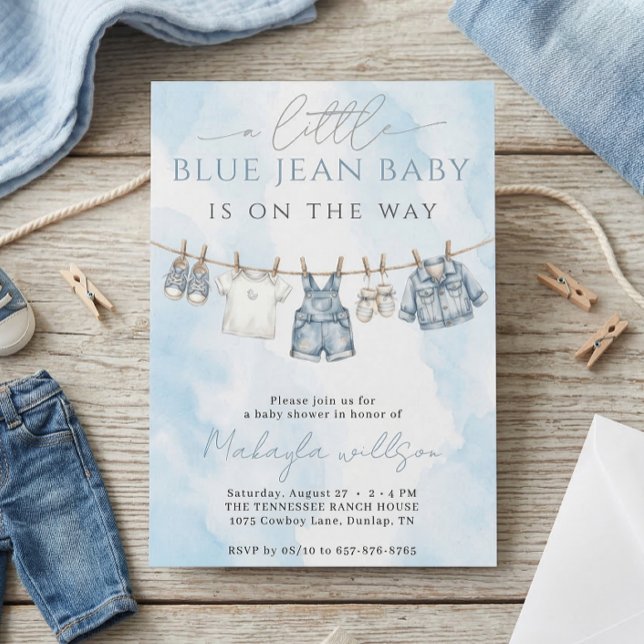 Blå Jean Denim Rustik Western Babyfirande Inbjudningar (Skapare uppladdad)