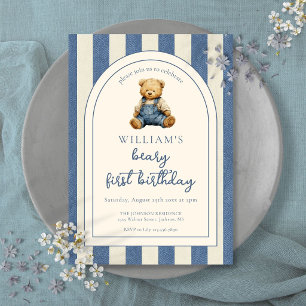 Blå Jean Denim Teddybjörn 1-årsdag Inbjudningar