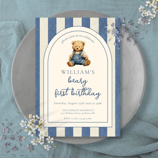 Blå Jean Denim Teddybjörn 1-årsdag Inbjudningar (Blue Jean Denim Teddy Bear 1st Birthday Invitation
)