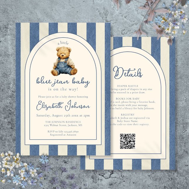 Blå Jean Denim Teddybjörn QR-kod Bebisdopp Inbjudningar (Blue Jean Denim Teddy Bear QR Code Baby Shower Invitation)