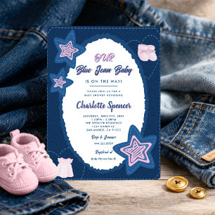 Blå Jean Denim Tema Baby Shower Inbjudningar