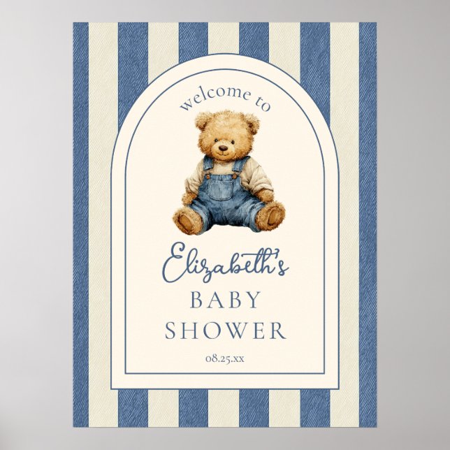 Blå Jean Nalle Babyshower Välkomstskylt Poster (Framsidan)