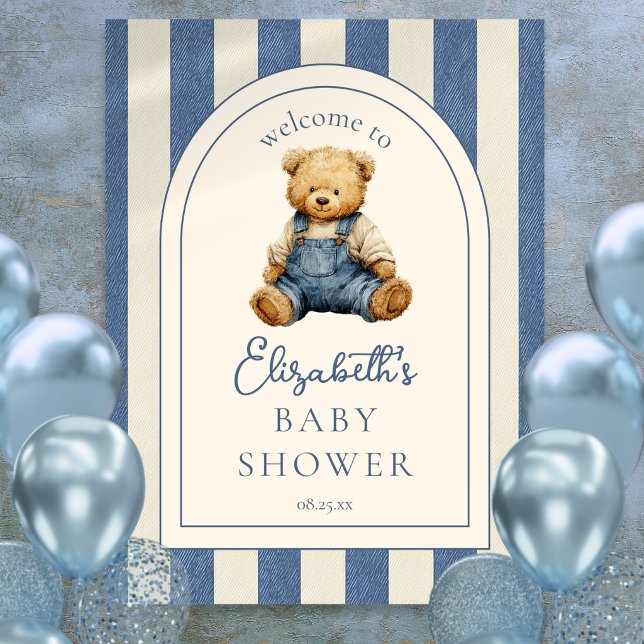 Blå Jean Nalle Babyshower Välkomstskylt Poster (Blue Jean Teddy Bear Baby Shower Welcome Sign)