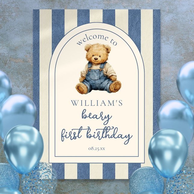 Blå Jean Nallebjörn 1-års välkomstskylt Poster (Blue Jean Teddy Bear 1st Birthday Welcome Sign)